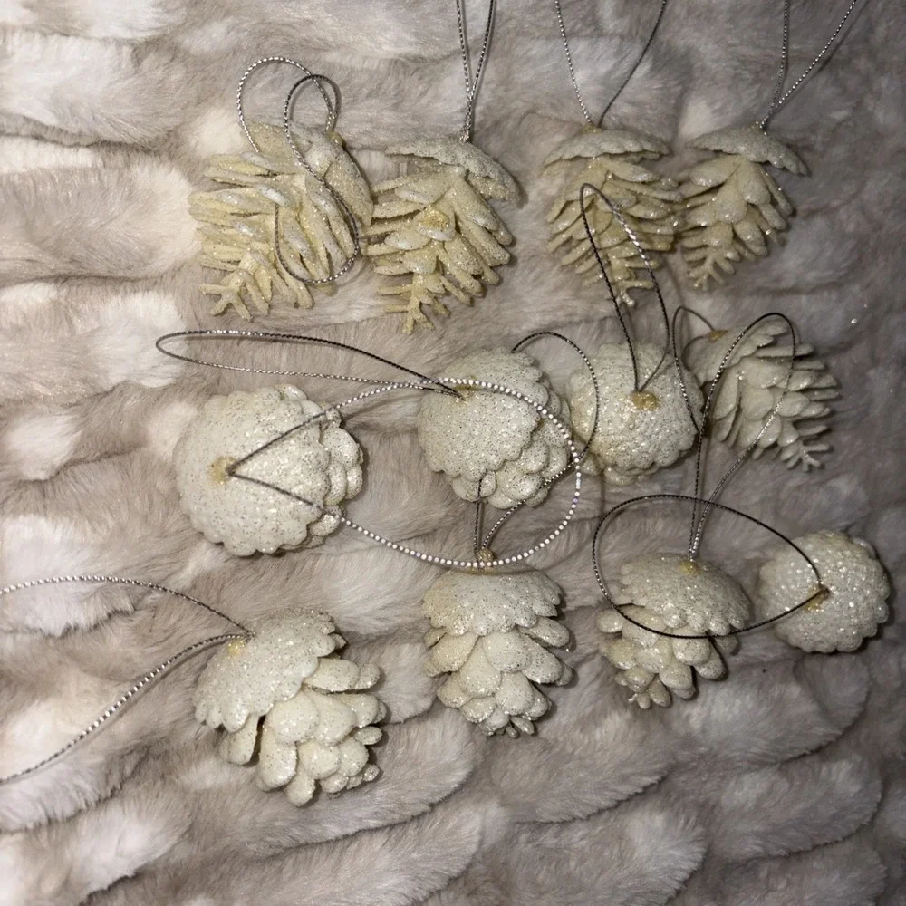 Set Of 12 White Glitter Pinecone Ornaments Glam Decor Holiday